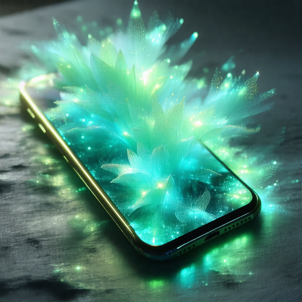 Cell phone with a blue and green light display on its screen