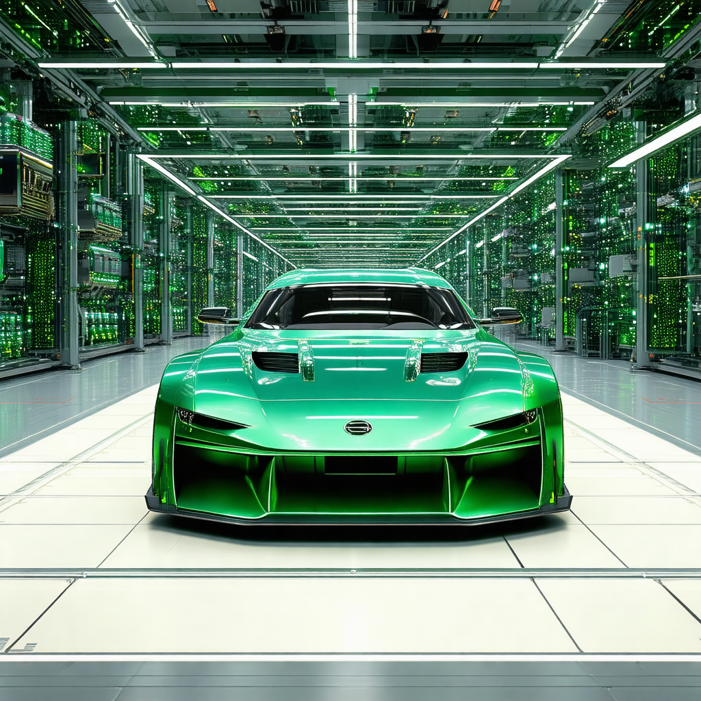 Green sports car parked in a large, open garage