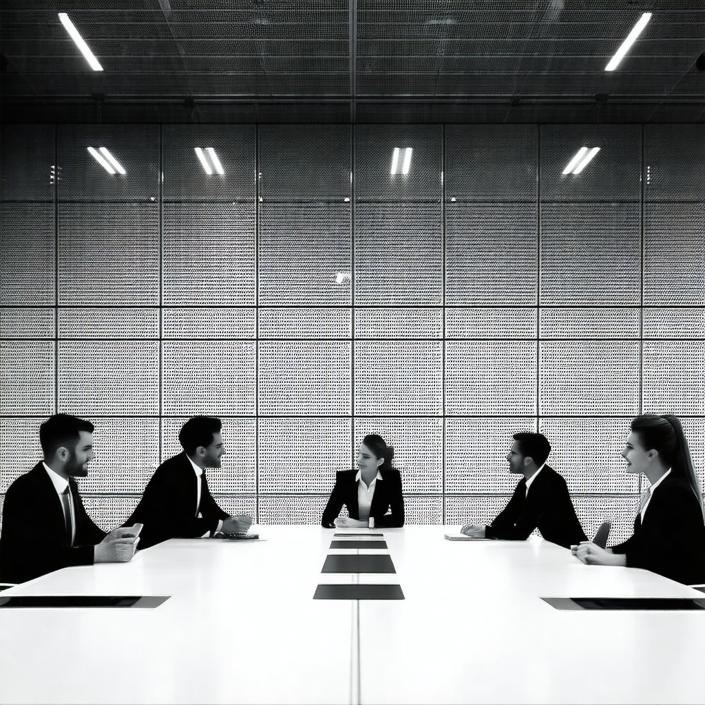 Group of people sitting around a long white table, engage...
