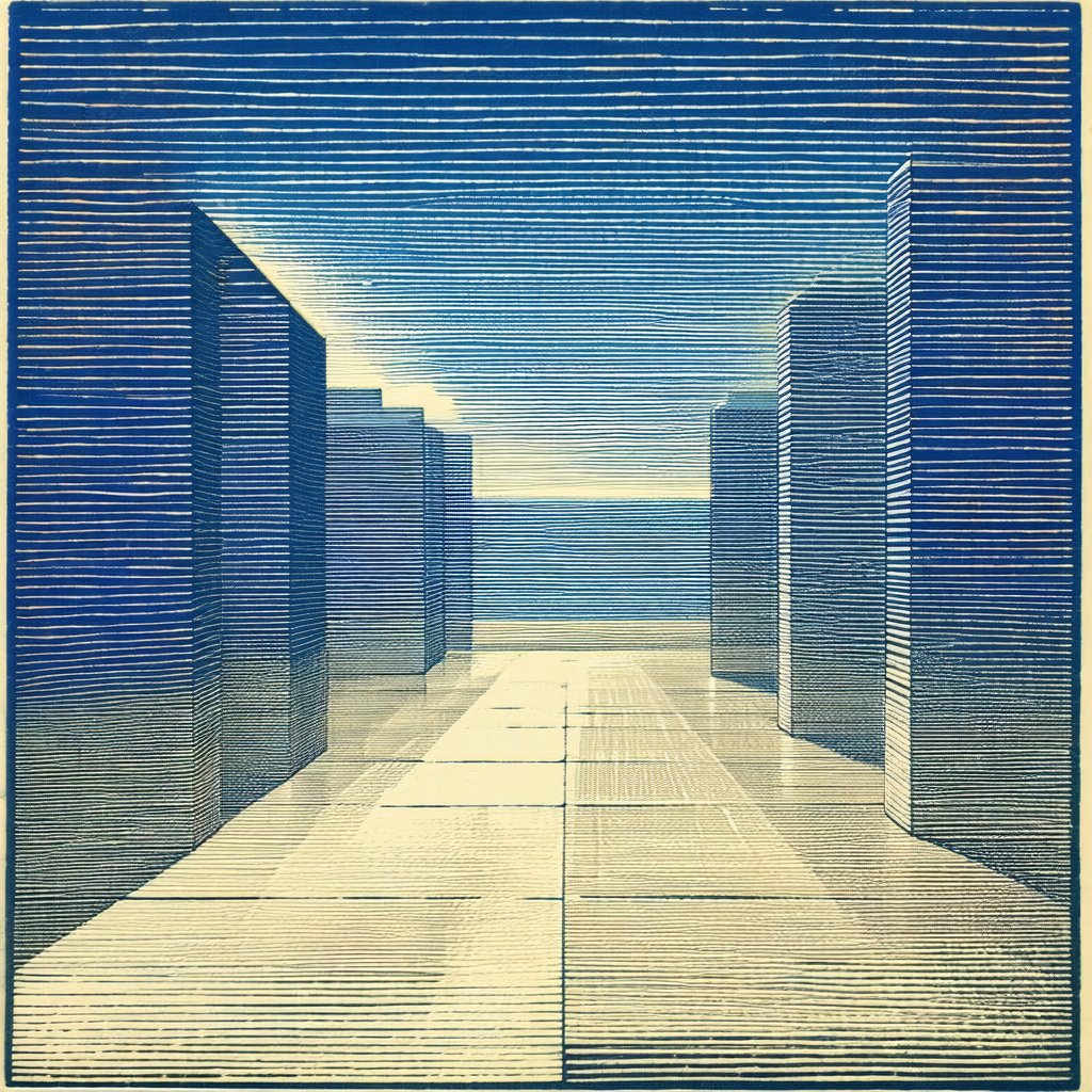 Blue and white drawing of a long hallway with a row of ta...