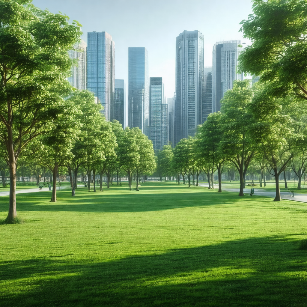 Lush green park with a large grassy field and a row of trees