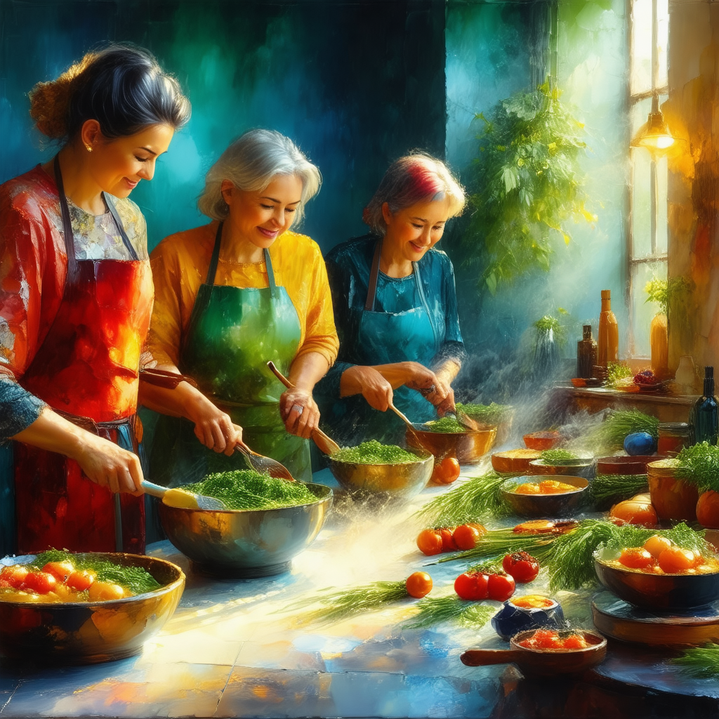 Three women standing in a kitchen, preparing food together