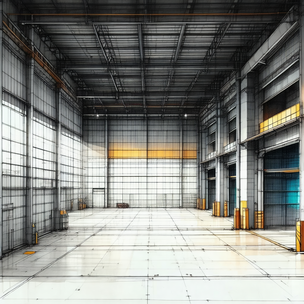 Black and white drawing of a large industrial building