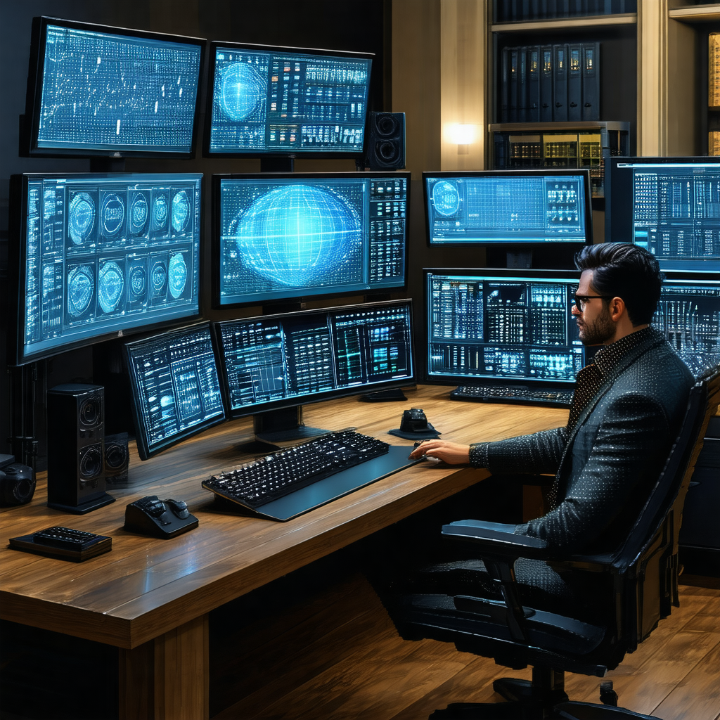 Man sitting at a desk in front of a large computer screen