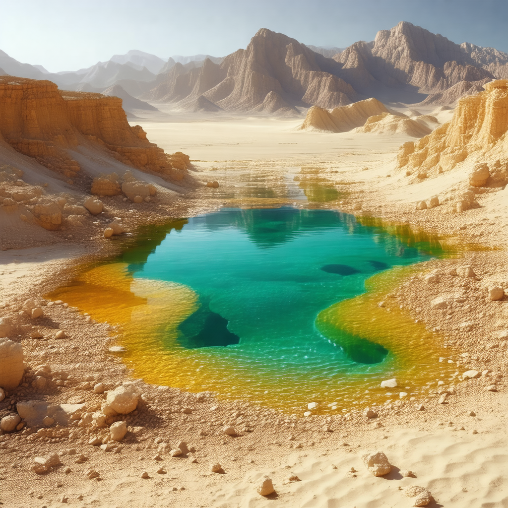 Large, colorful pool of water in a desert-like environment
