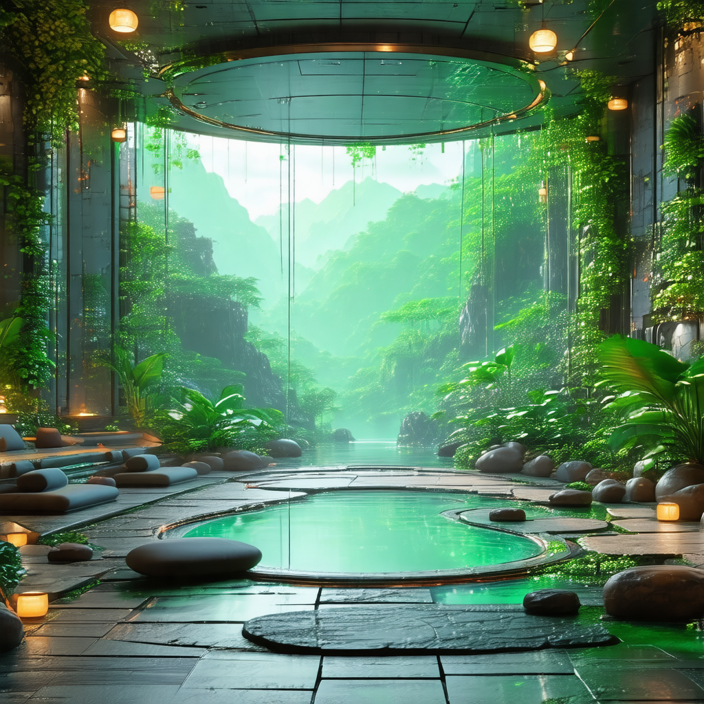 Beautiful, lush green garden with a large pool of water i...