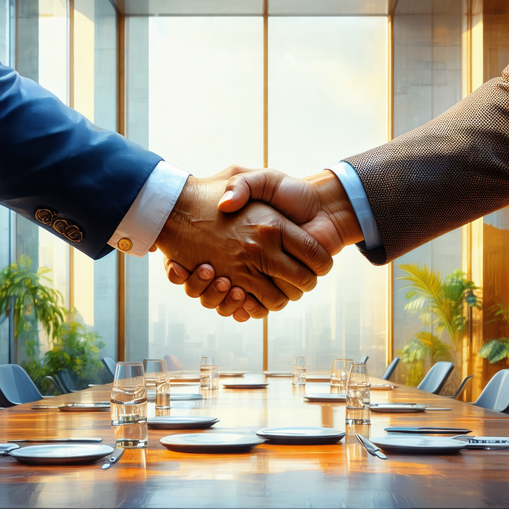 Man and a woman shaking hands in a large room, possibly a...