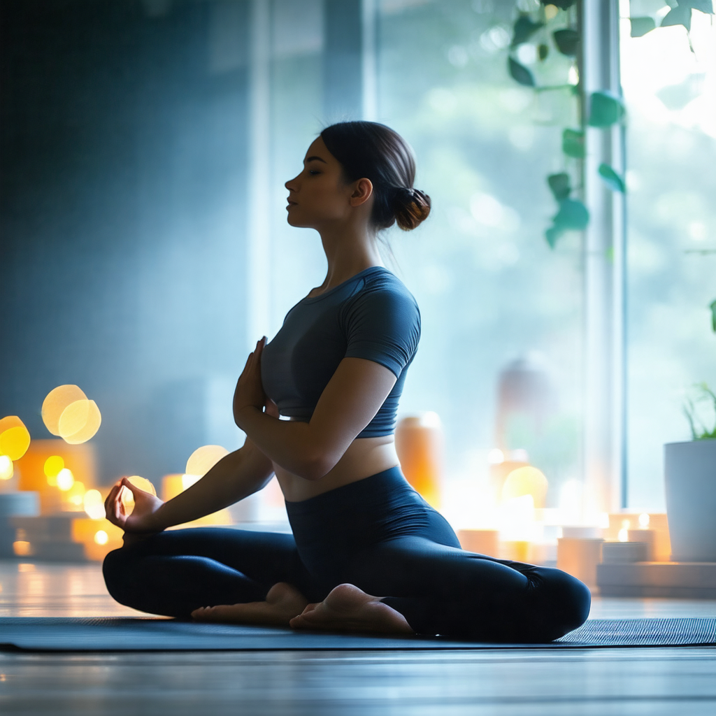 Woman sitting on the floor in a room, practicing yoga