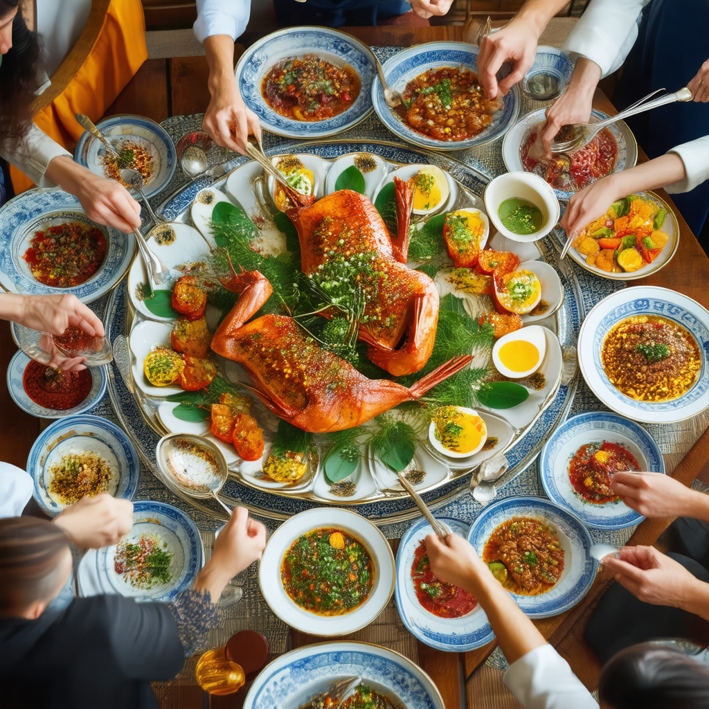 Large group of people gathered around a dining table, enj...