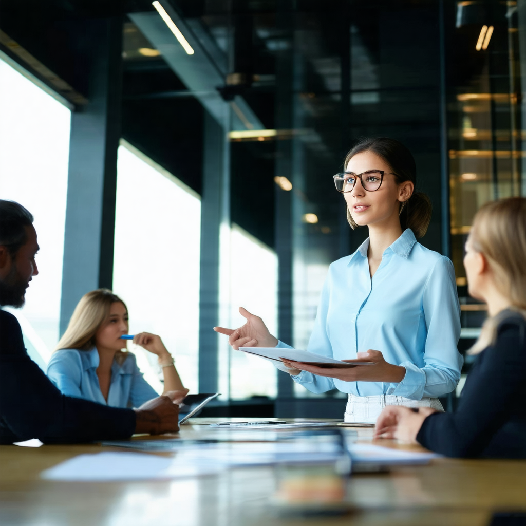 Woman in a blue shirt standing at a table, holding a lapt...