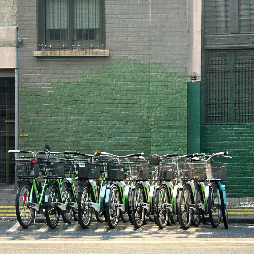 Row of bicycles parked next to a building