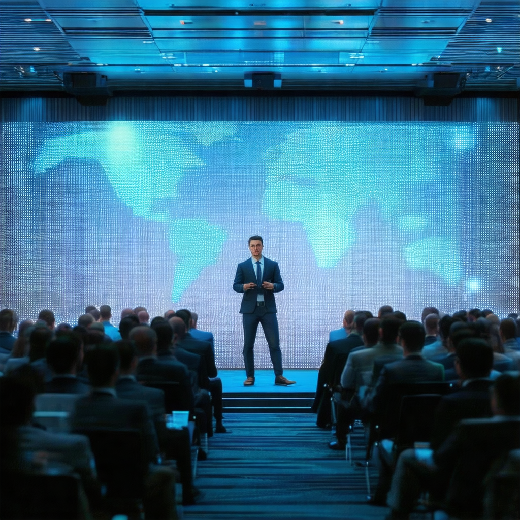 Man standing on a stage in front of a large audience