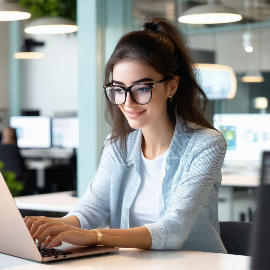 Woman sitting at a desk, working on a laptop computer