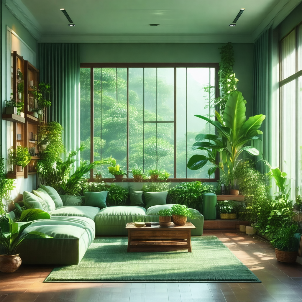 Spacious living room filled with various potted plants