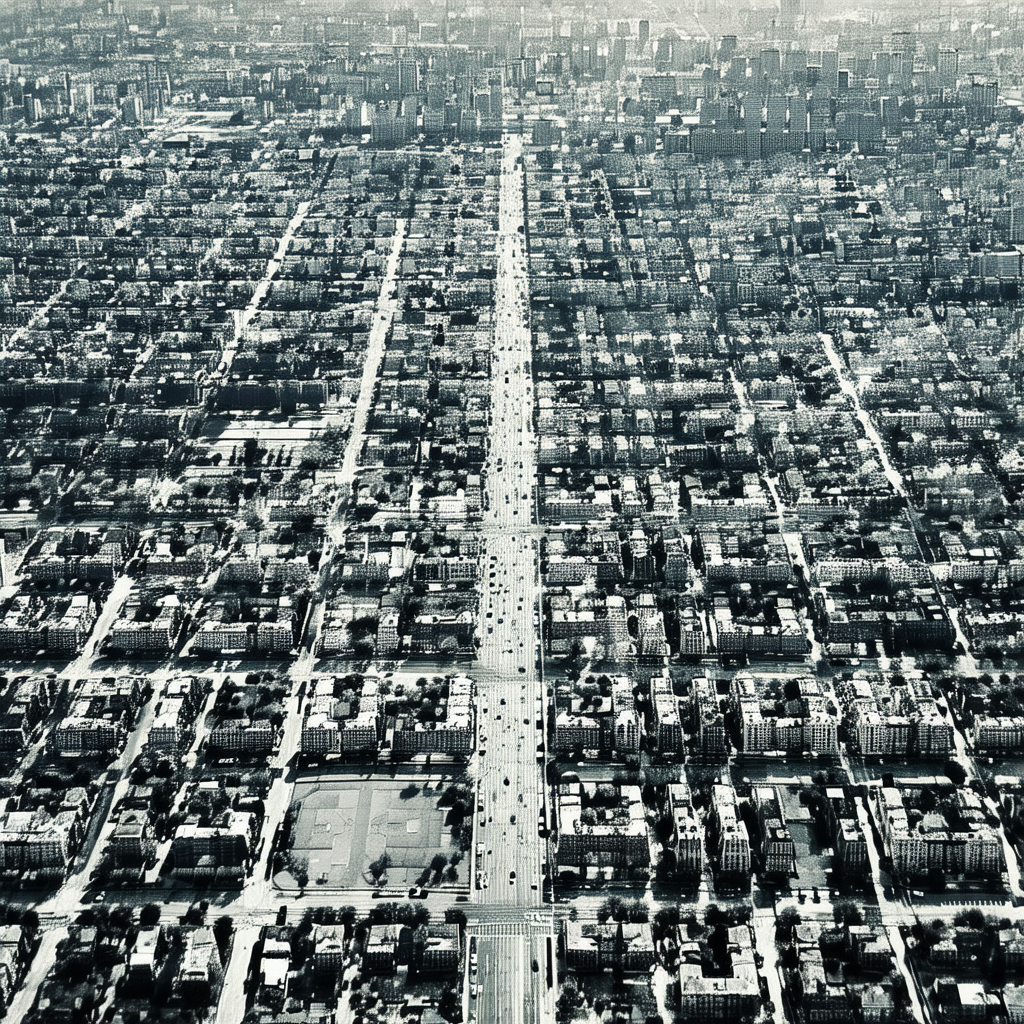Black and white photo of a city street, taken from a bird...