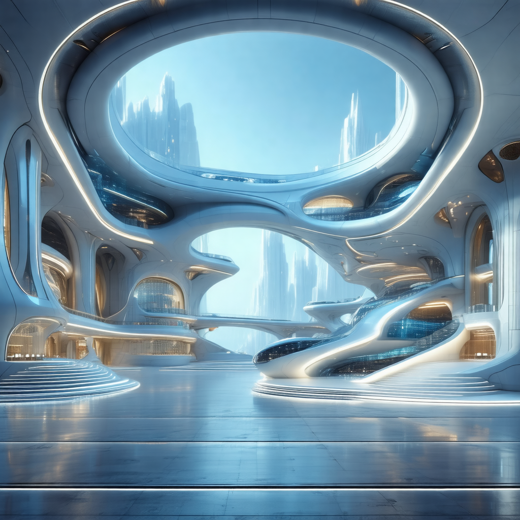 Futuristic city with a large, curved building that resemb...