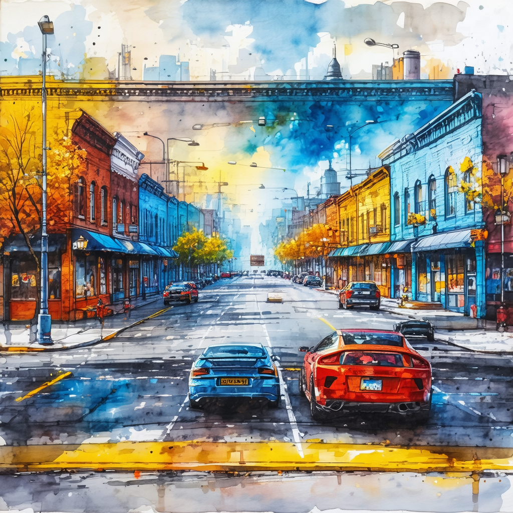 Painting of a city street with a bridge in the background