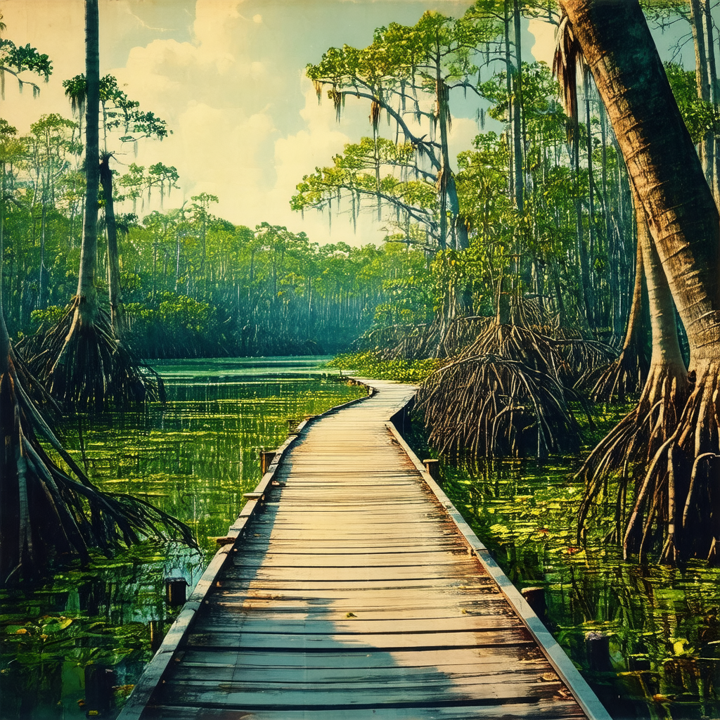 Wooden walkway or bridge that is surrounded by a lush gre...