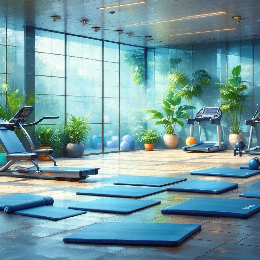 Large, well-lit gym with a variety of exercise equipment