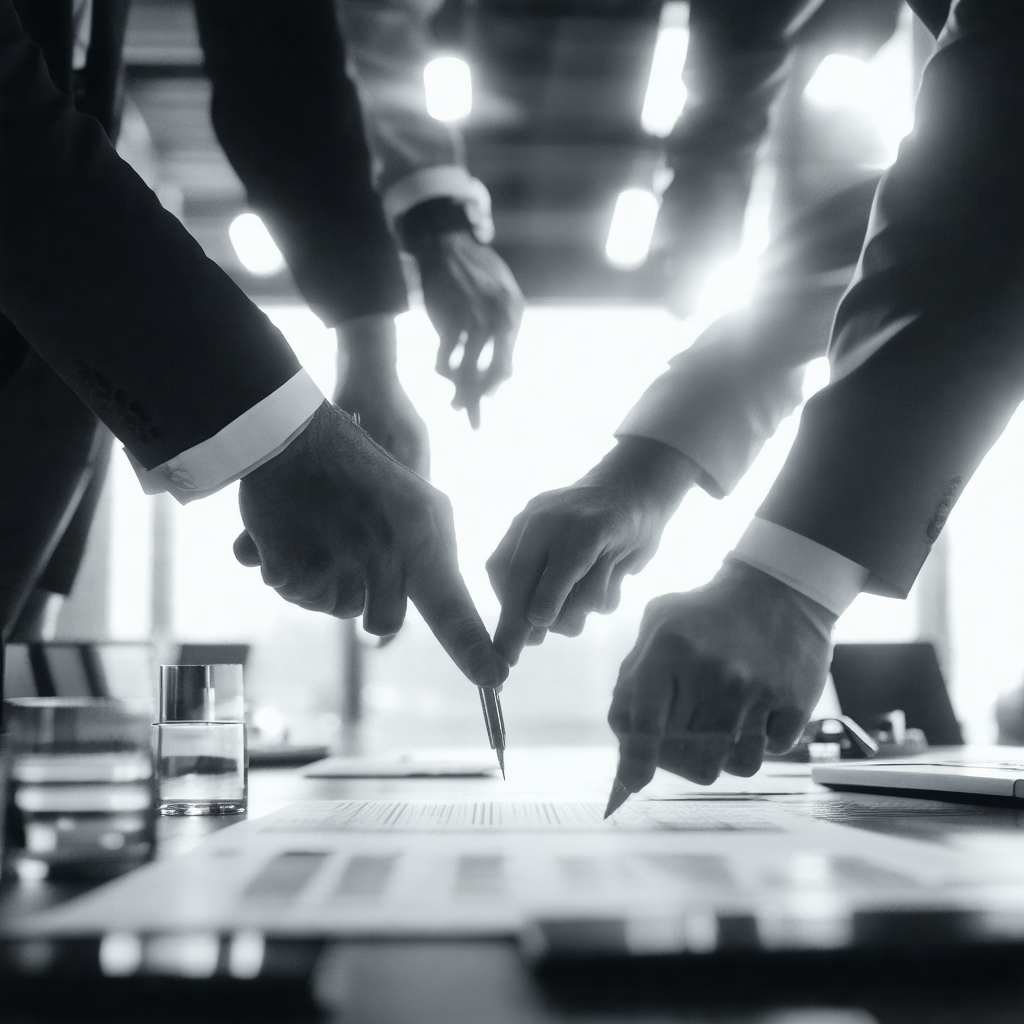 Group of businessmen gathered around a table, working tog...