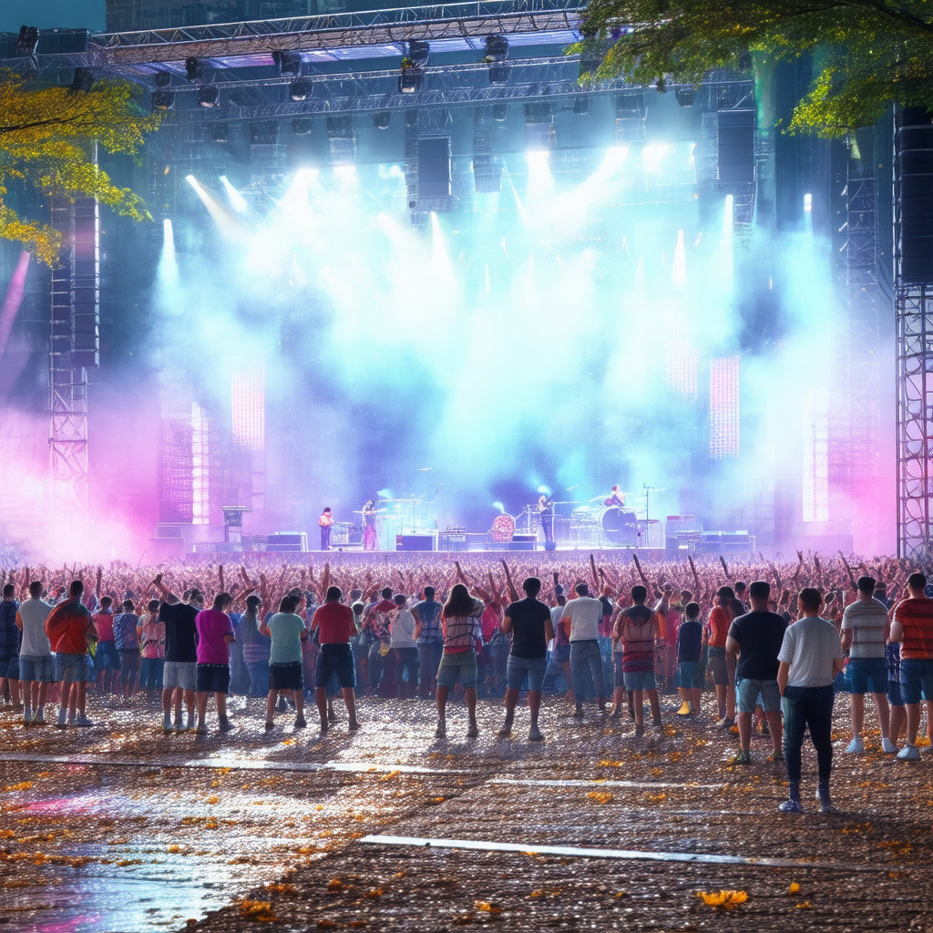 Captures a large crowd of people gathered in a field, wit...