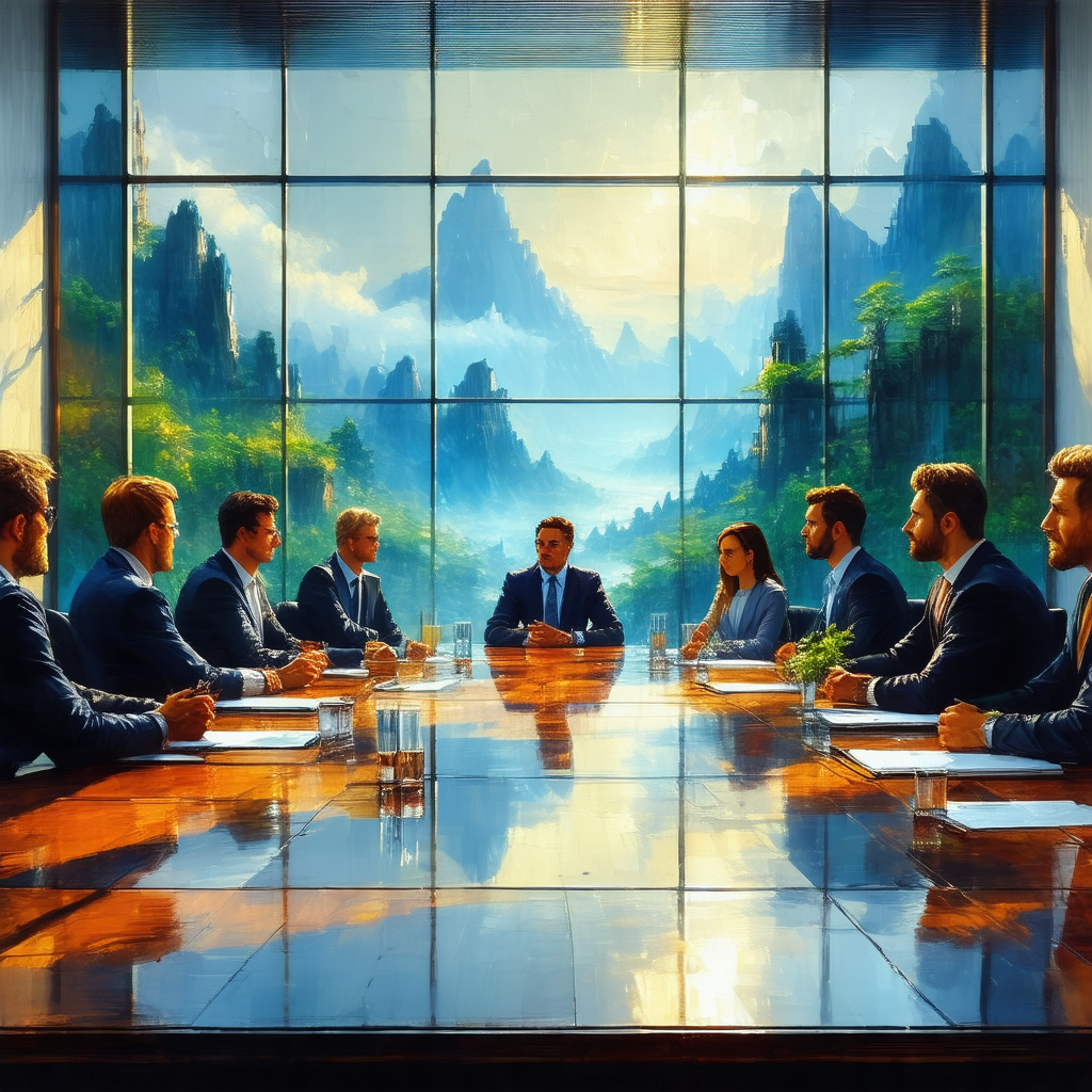 Group of people gathered around a large wooden table, eng...