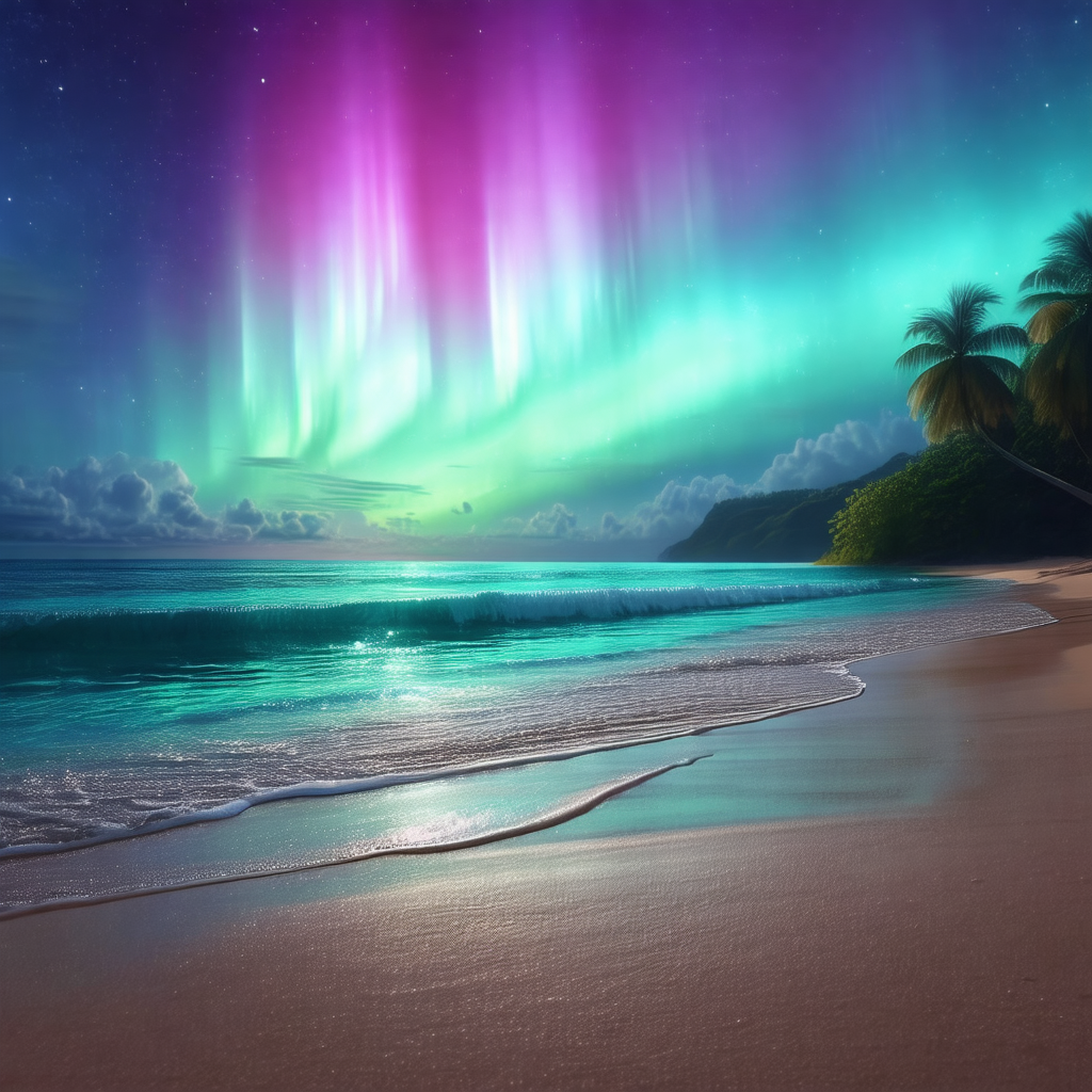 Captures a beautiful beach scene at night, with a vibrant...
