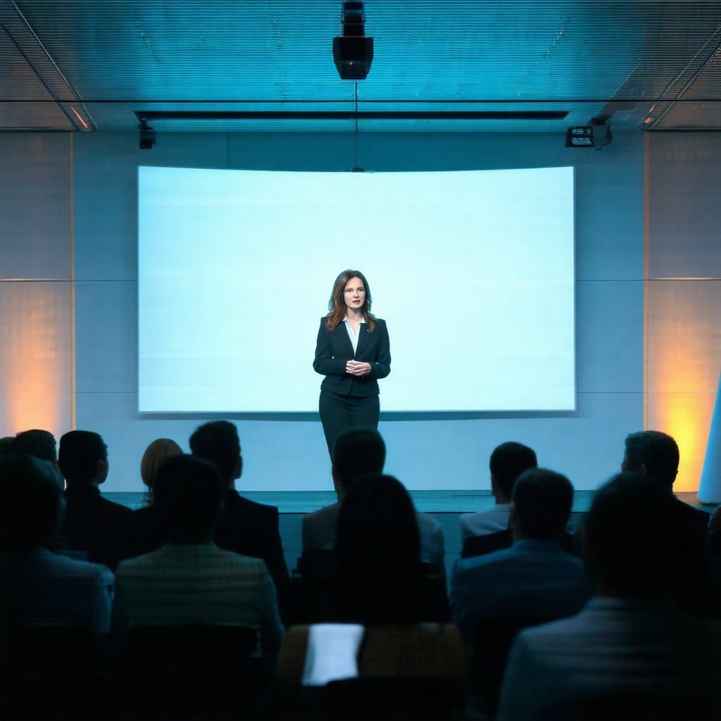 Woman standing in front of a large screen, possibly givin...