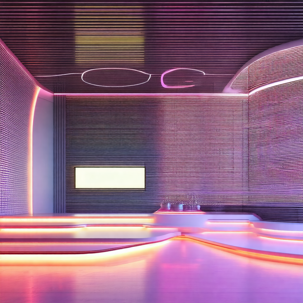 Large, modern-looking room with a long, curved counter