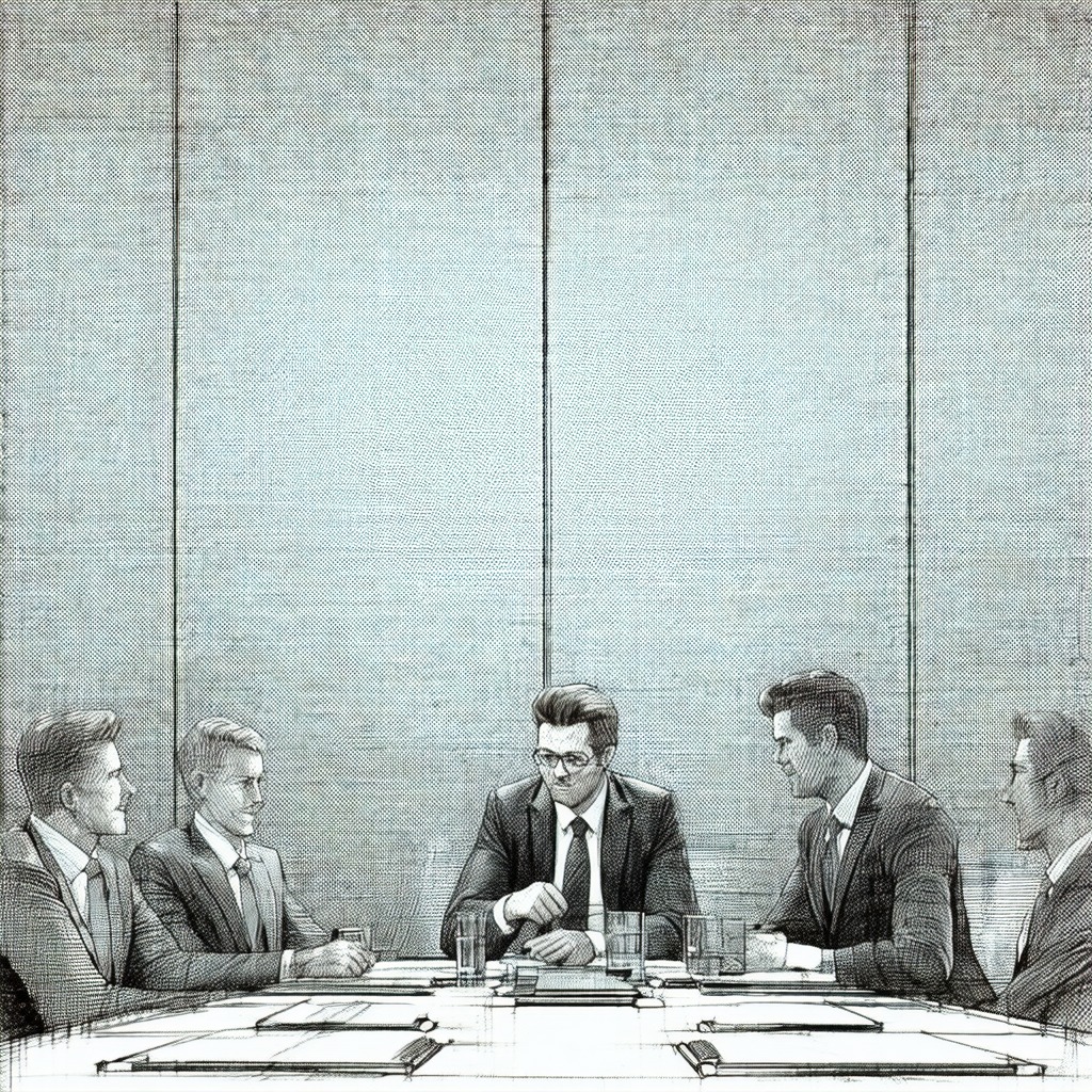 Black and white drawing of a group of men sitting around ...