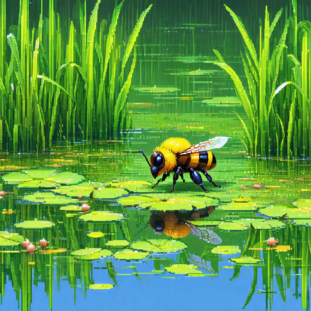 Yellow and black bee standing in a pond