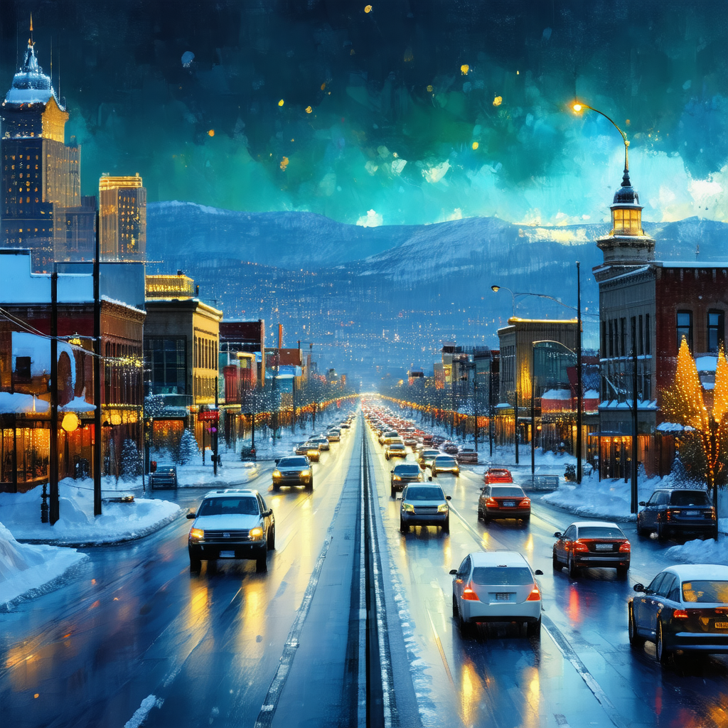Snowy city street at night, with a line of cars driving d...