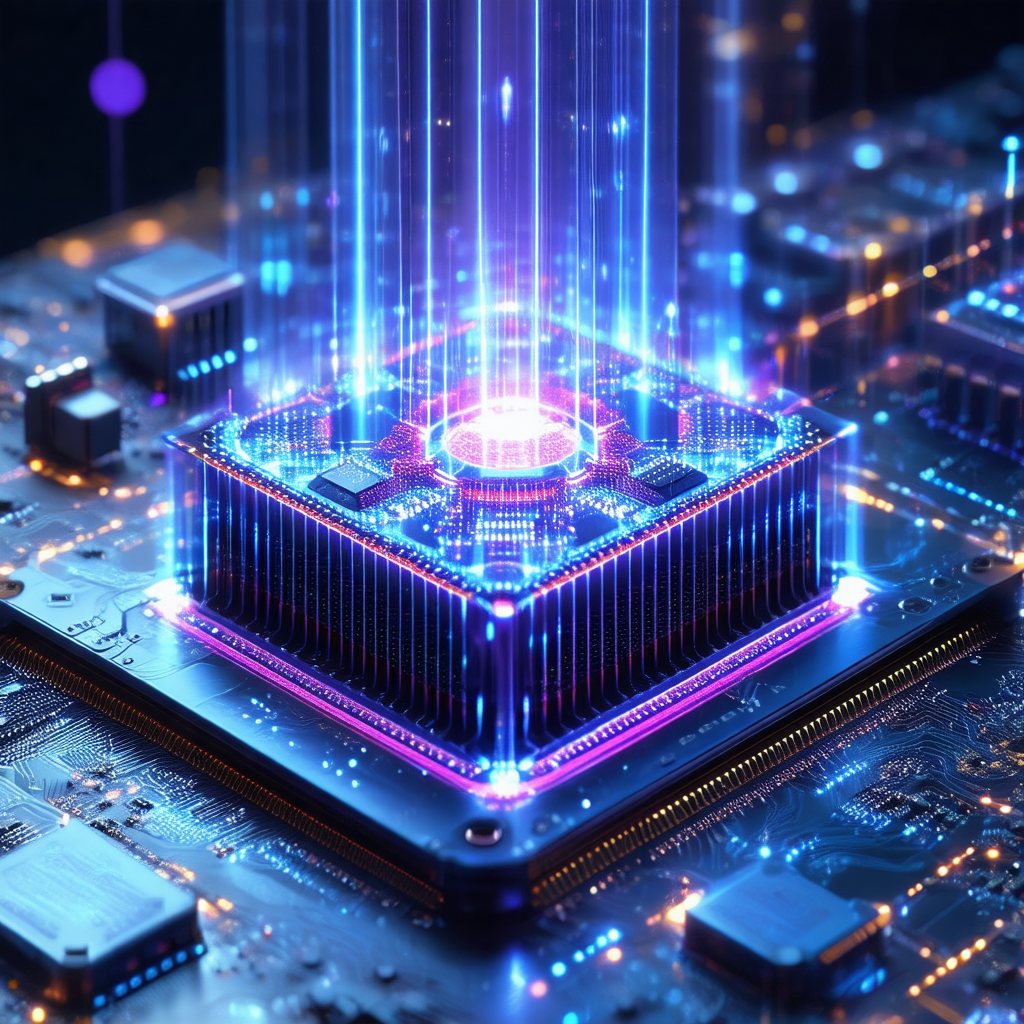 Close-up of a computer chip with a purple glow surroundin...