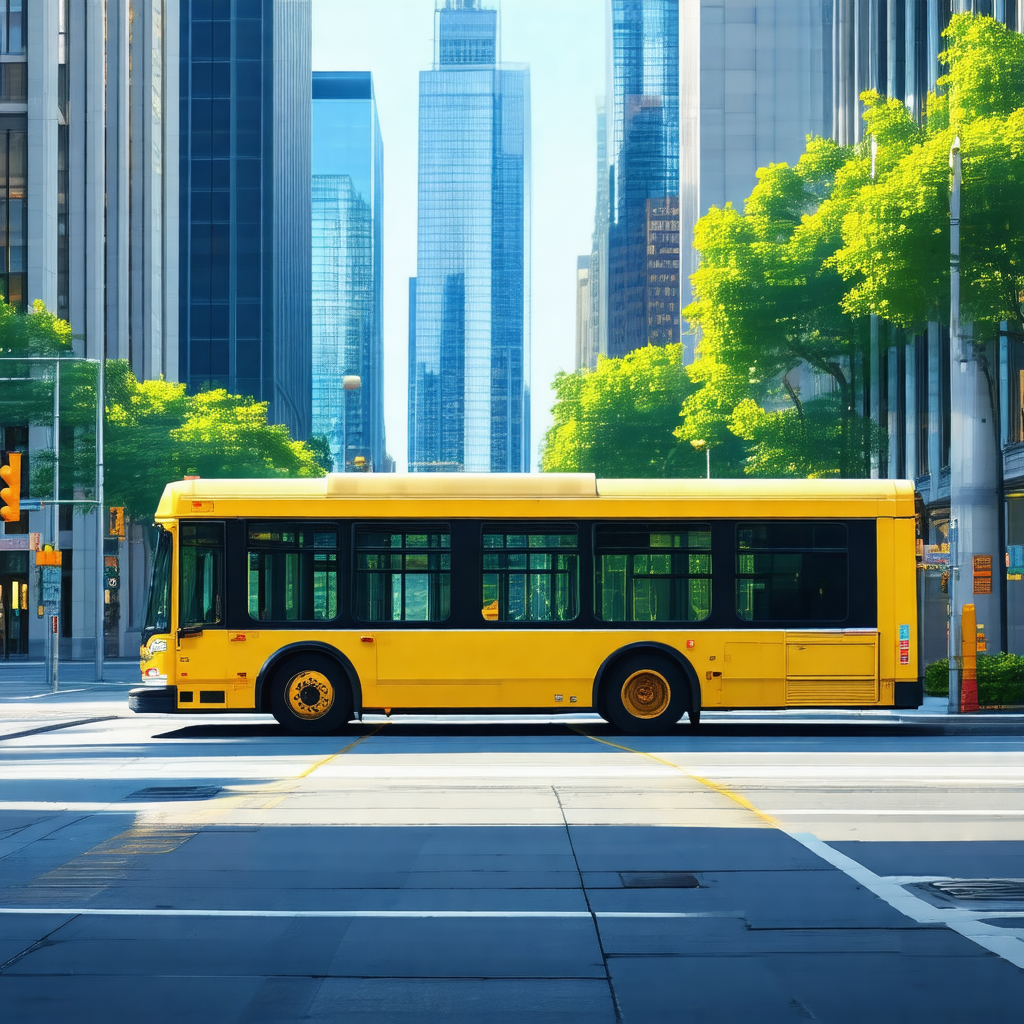 Yellow bus driving down a city street