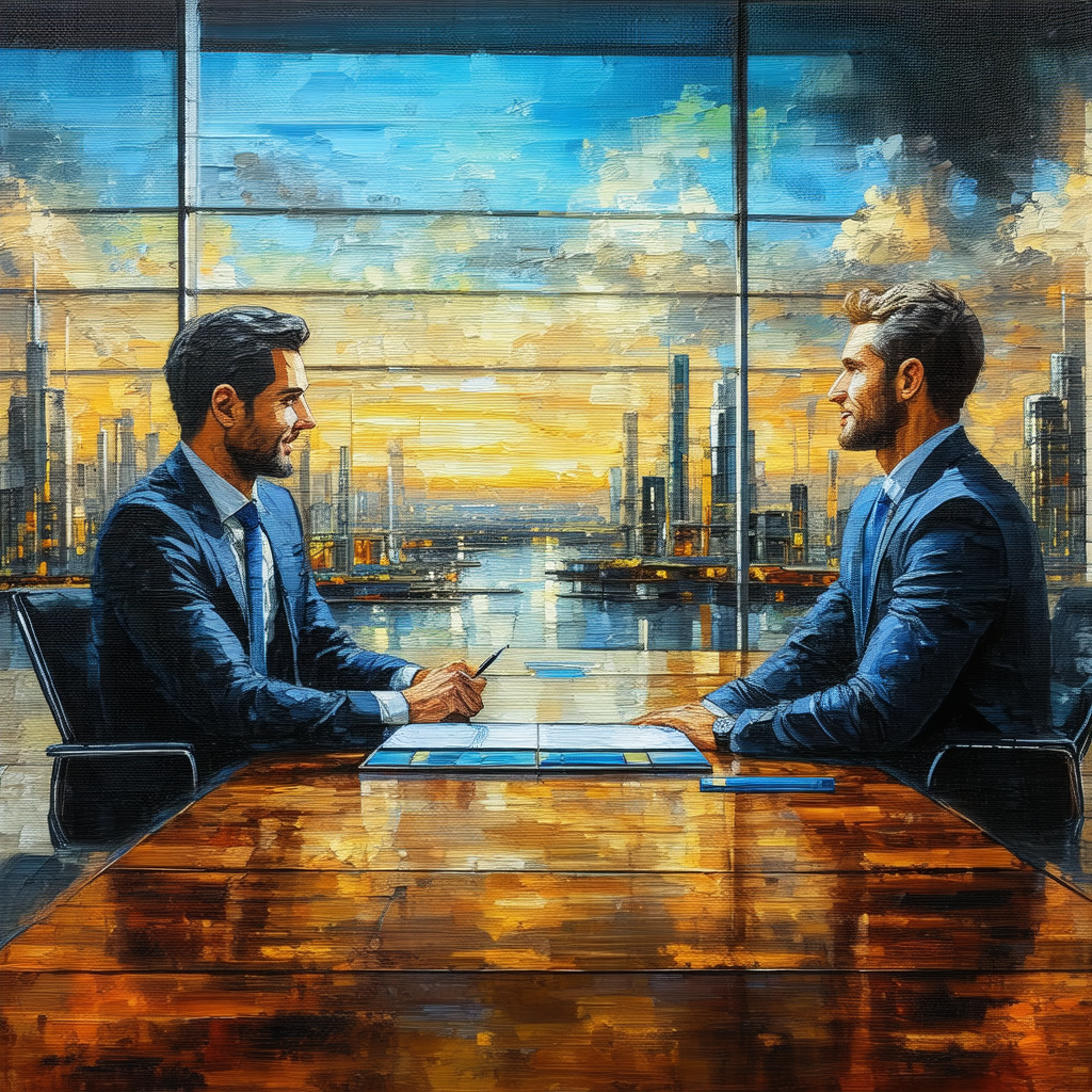 Two men sitting at a conference table, engaged in a busin...
