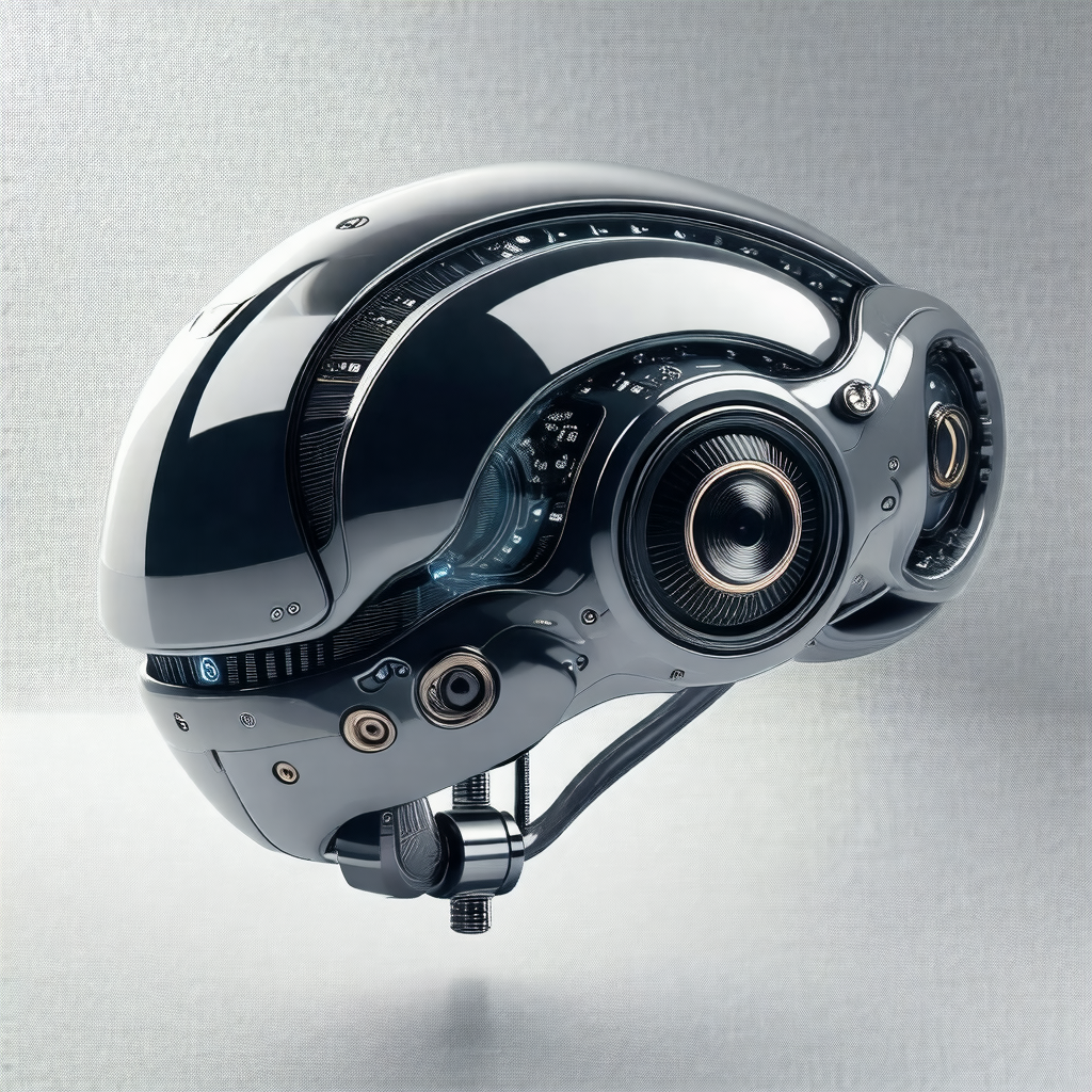 Futuristic-looking helmet with a large, round glass windo...