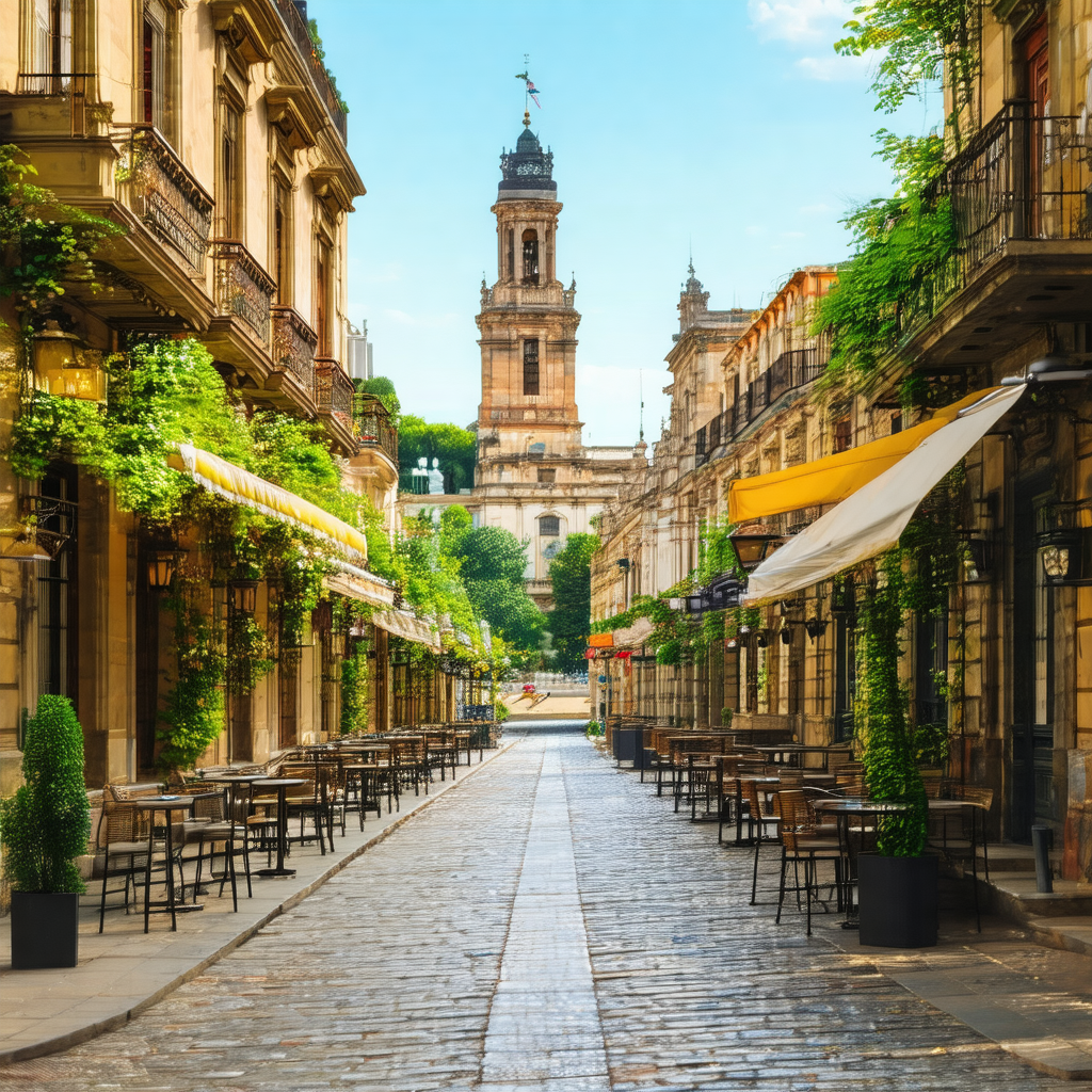 Narrow street in a city, lined with numerous tables and c...