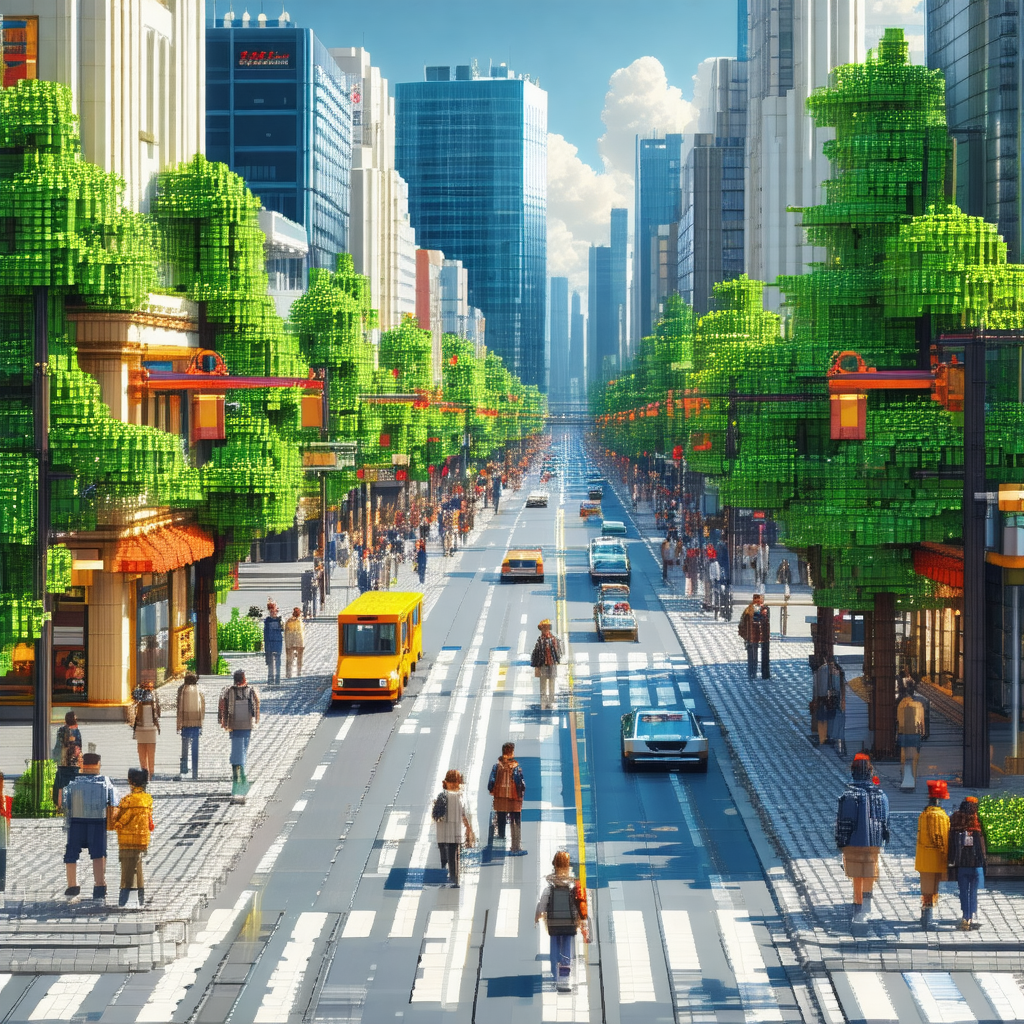 Computer-generated (cgi) depiction of a busy city street