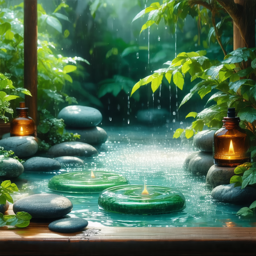Serene scene of a small pond surrounded by lush green plants