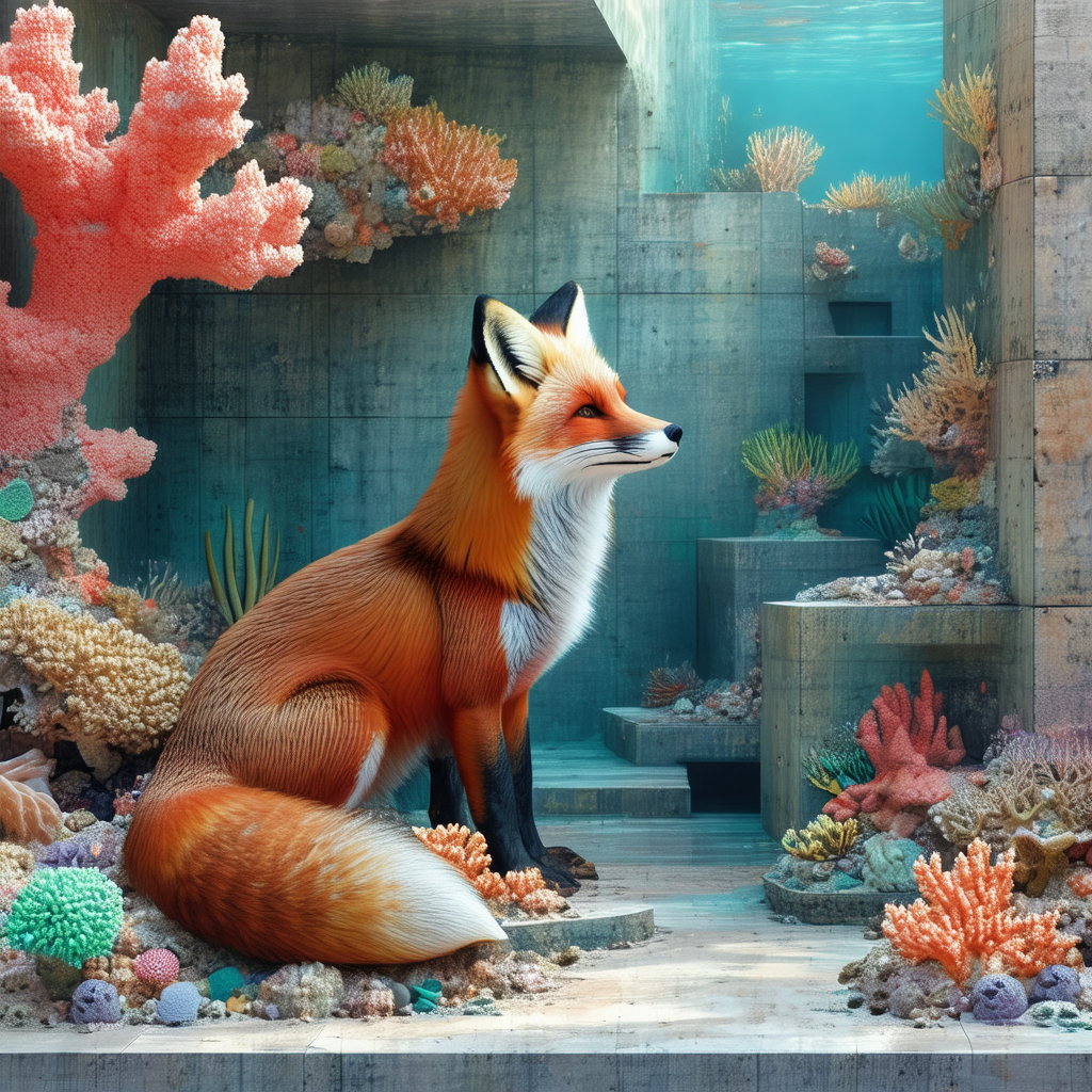 Red fox sitting on a rock in a vibrant underwater environ...