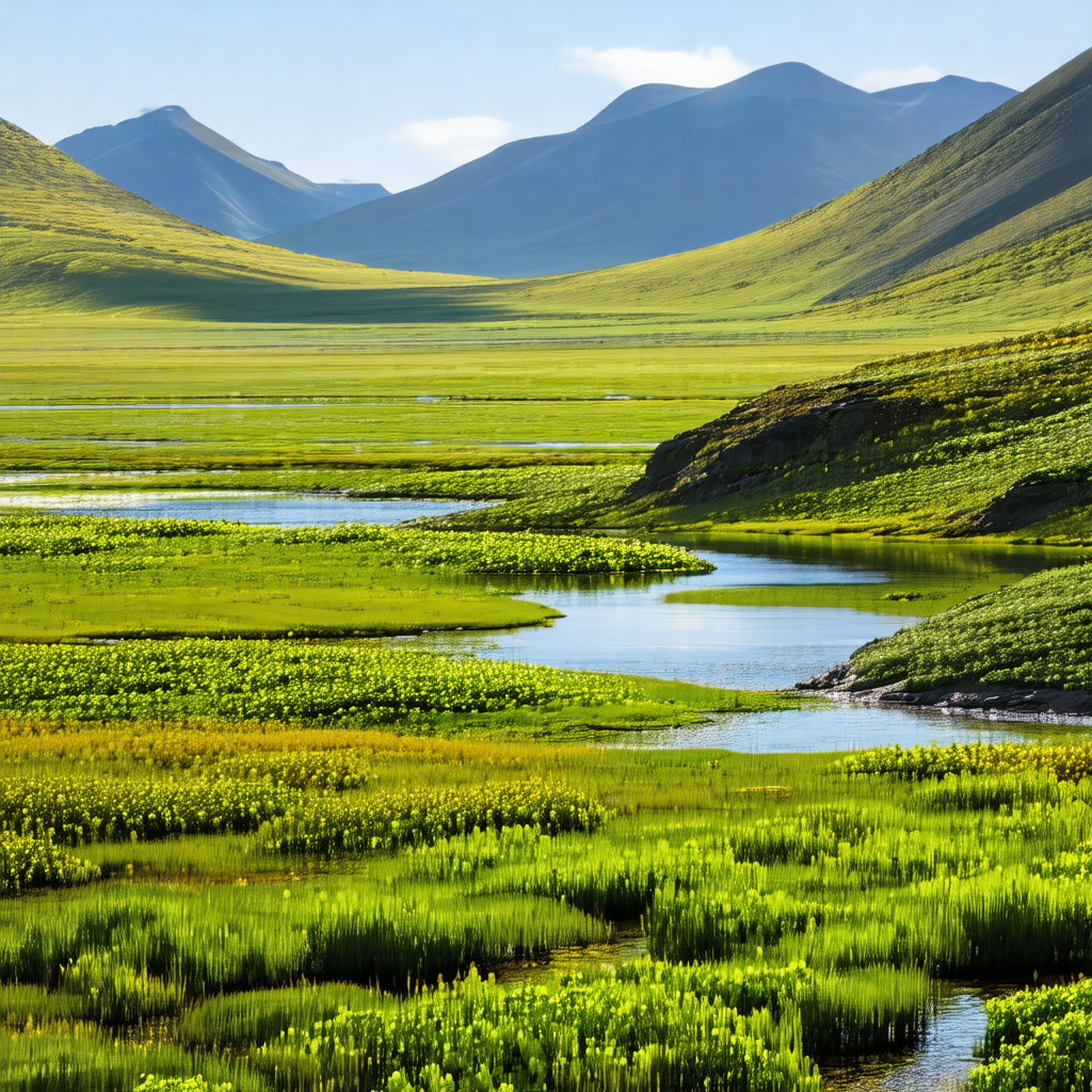 Serene landscape with a large body of water, possibly a l...