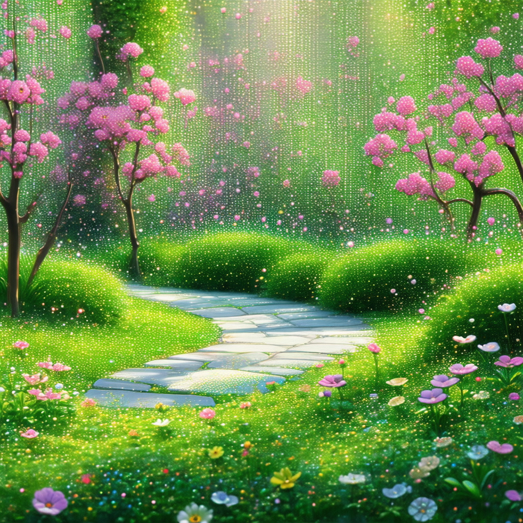 Colorful painting of a forest with a pathway leading thro...