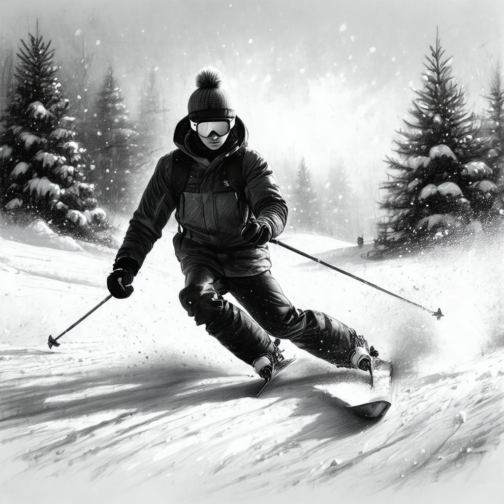 Black and white drawing of a person skiing down a snowy s...