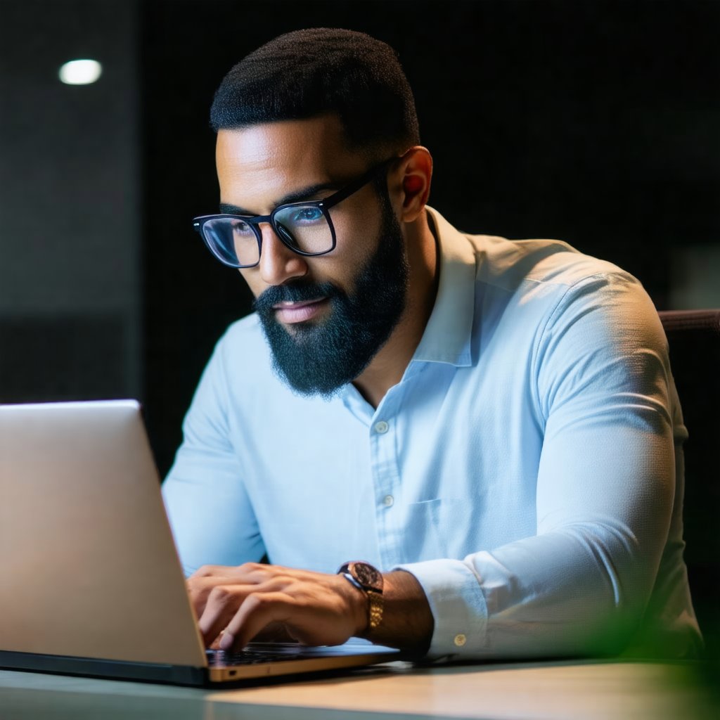 Man wearing glasses, sitting at a desk and working on a l...