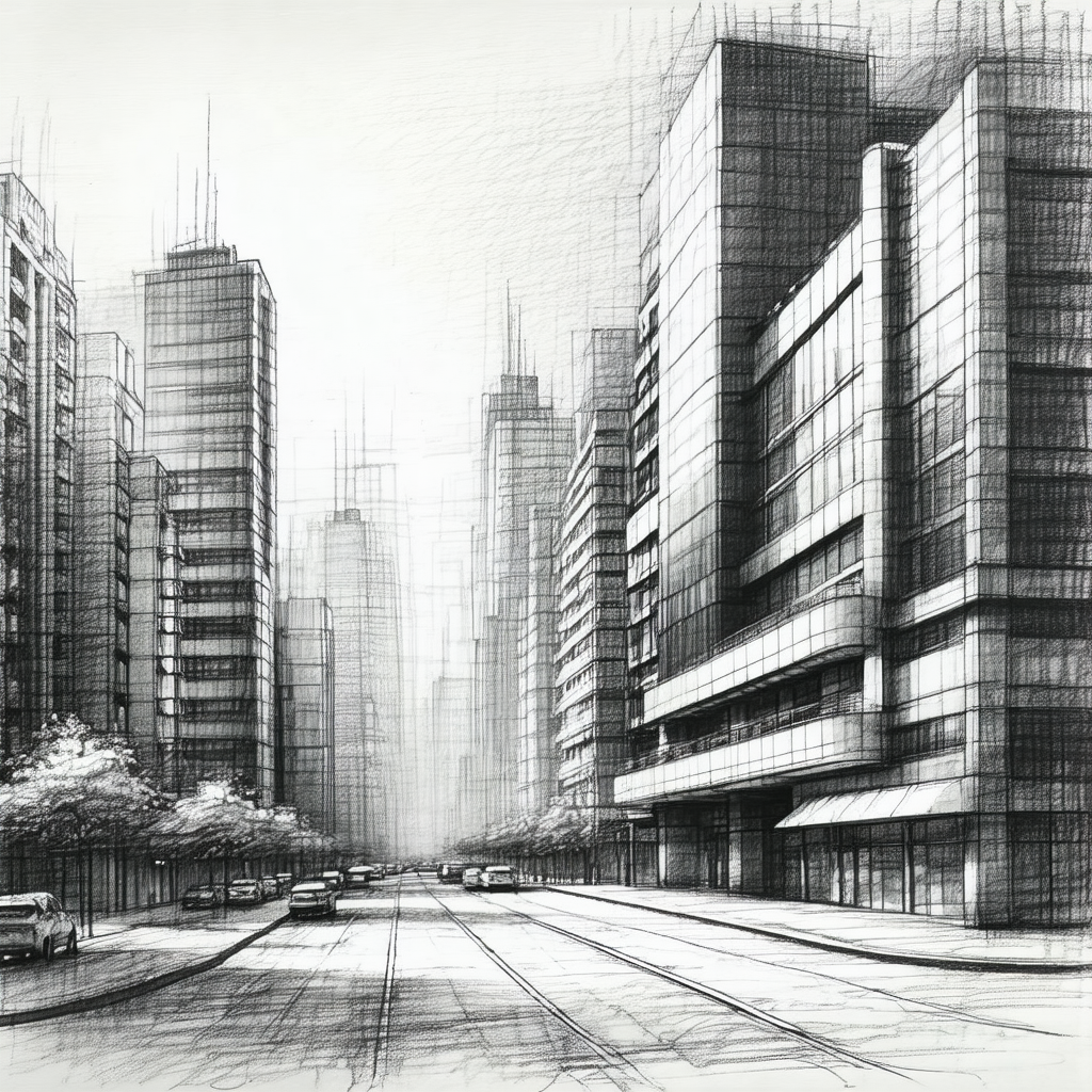 Black and white drawing of a city street with tall buildi...