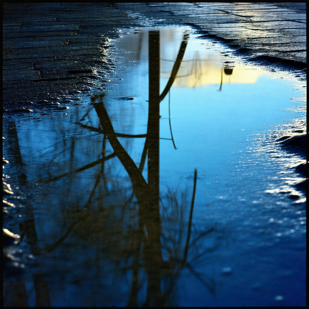 Puddle of water on a sidewalk, reflecting the surrounding...