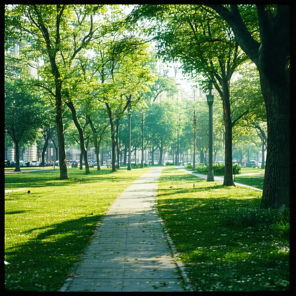 Serene park setting with a tree-lined path
