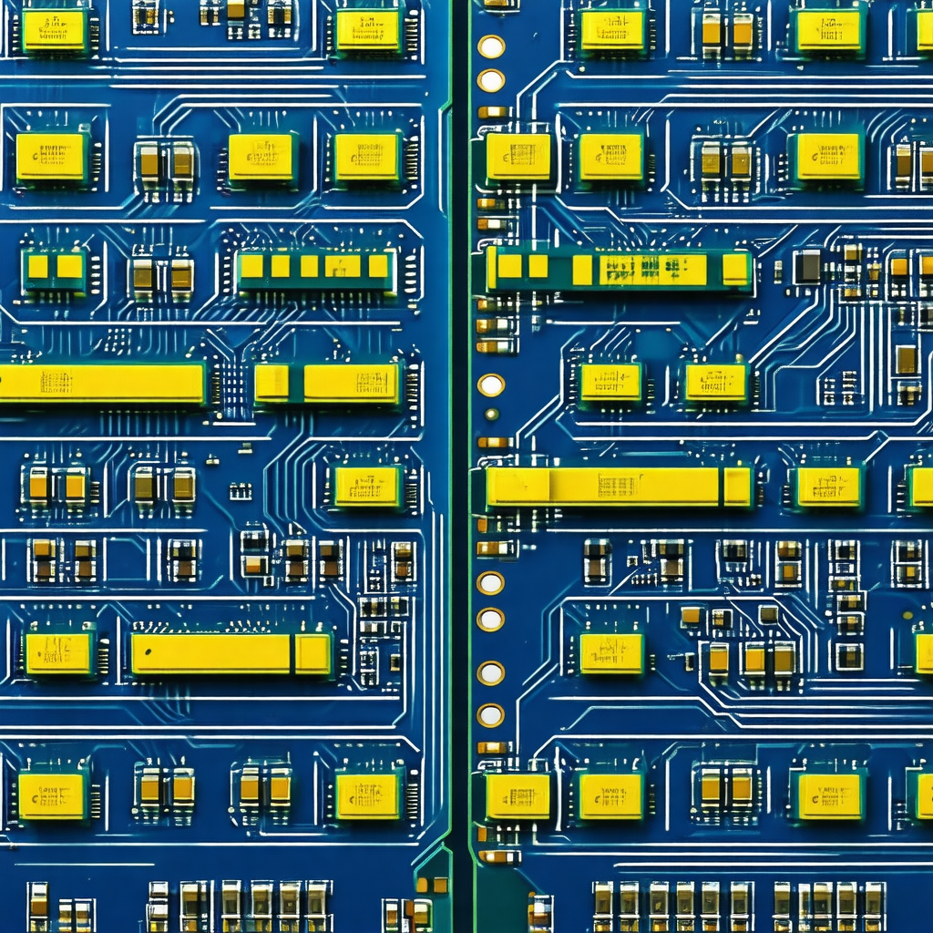 Close-up of a computer circuit board with many yellow and...