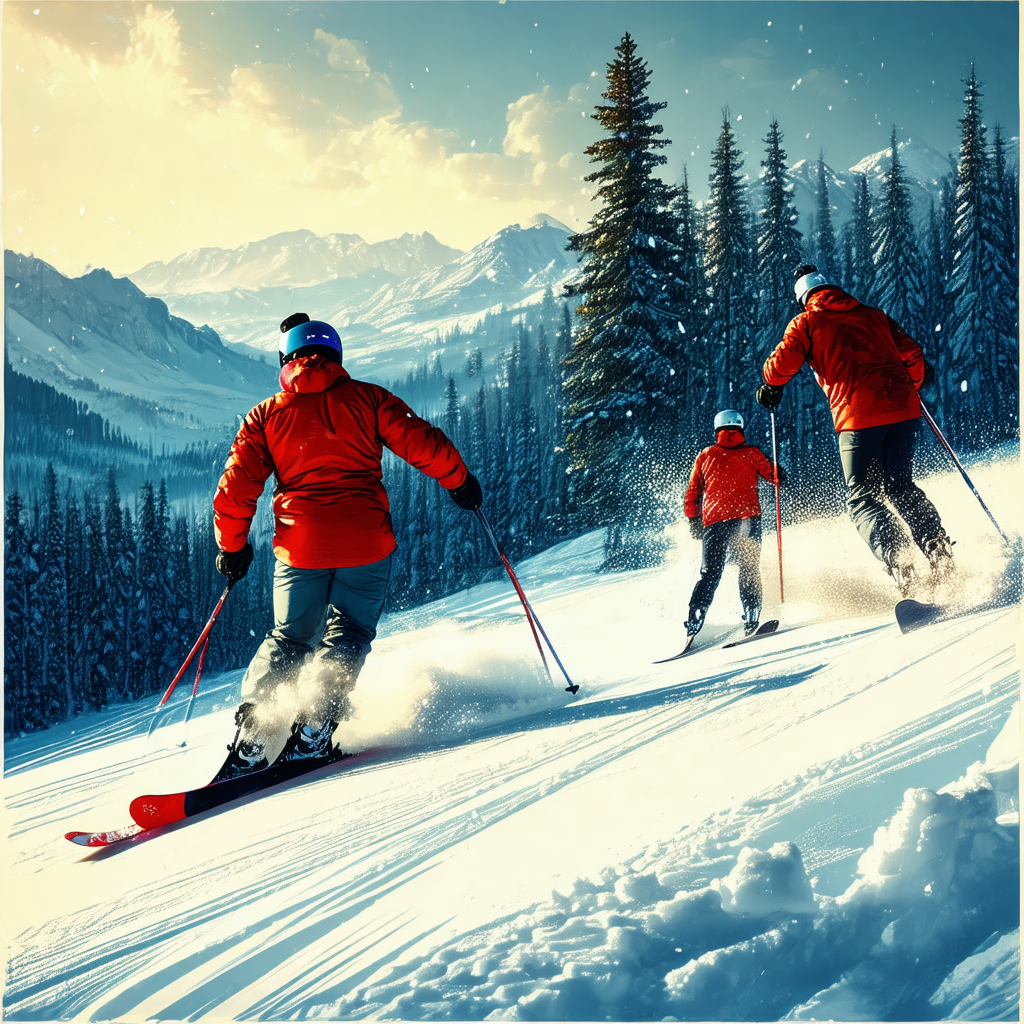 Painting of three people skiing down a snowy mountain