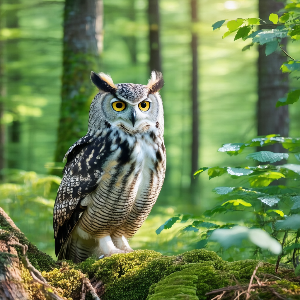 Small owl perched on a tree branch in a forest